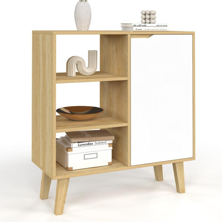 Credenza con 3 ripiani e armadio 70 cm in legno bianco e faggio - FINN | IdMarket