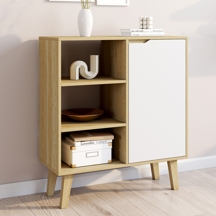 Credenza con 3 ripiani e armadio 70 cm in legno bianco e faggio - FINN | IdMarket