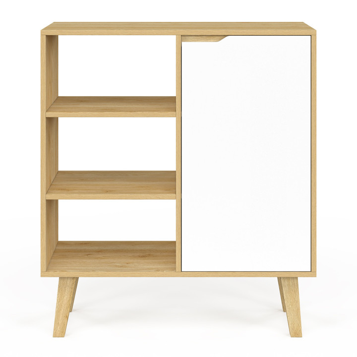 Credenza con 3 ripiani e armadio 70 cm in legno bianco e faggio - FINN | IdMarket