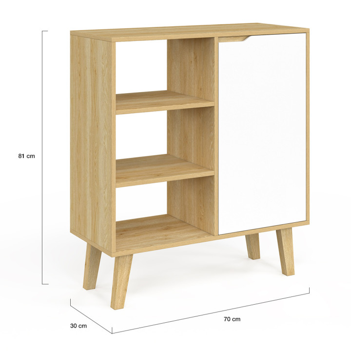 Credenza con 3 ripiani e armadio 70 cm in legno bianco e faggio - FINN | IdMarket