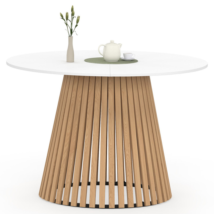 Tavolo da pranzo rotondo per 6 persone con gambe a doghe in legno e piano in legno bianco 110 cm - CARMEN | IdMarket