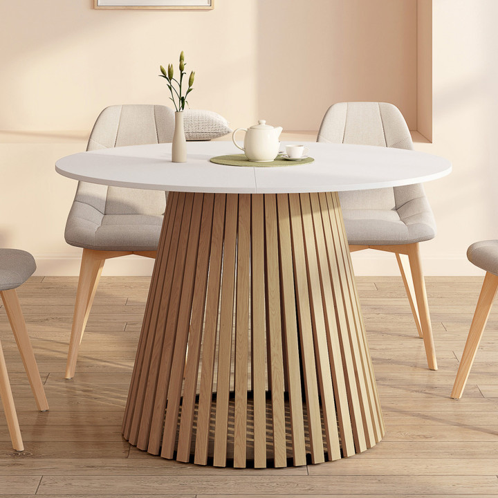 Tavolo da pranzo rotondo per 6 persone con gambe a doghe in legno e piano in legno bianco 110 cm - CARMEN | IdMarket