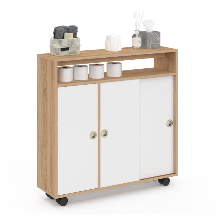 Mobile da bagno con rotelle, struttura in faggio, piano bianco - TOMI | IdMarket