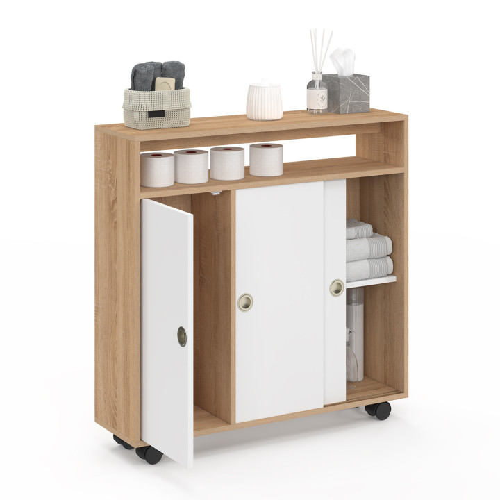 Mobile da bagno con rotelle, struttura in faggio, piano bianco - TOMI | IdMarket