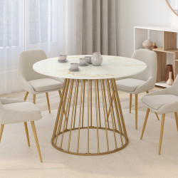 Tavolo da pranzo rotondo per 6 persone con base in filo d'ottone e piano in marmo bianco 110 cm - ALASKA | IdMarket