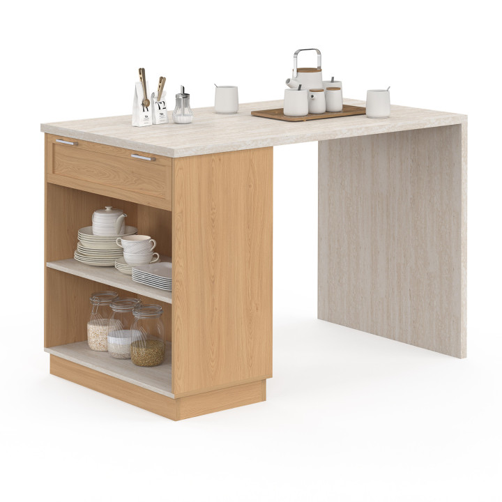 Tavolo centrale ad isola per 4 persone 130 cm piano effetto legno e travertino - VITO | IdMarket
