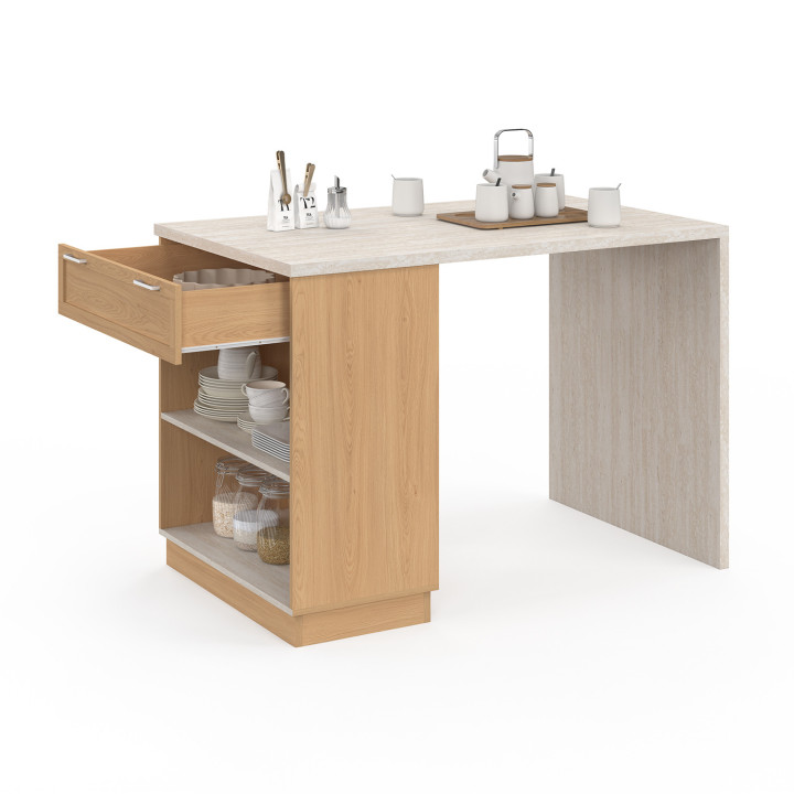 Tavolo centrale ad isola per 4 persone 130 cm piano effetto legno e travertino - VITO | IdMarket