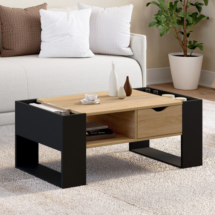 Tavolino rettangolare con cassetto in legno nero e faggio - BERYL | IdMarket
