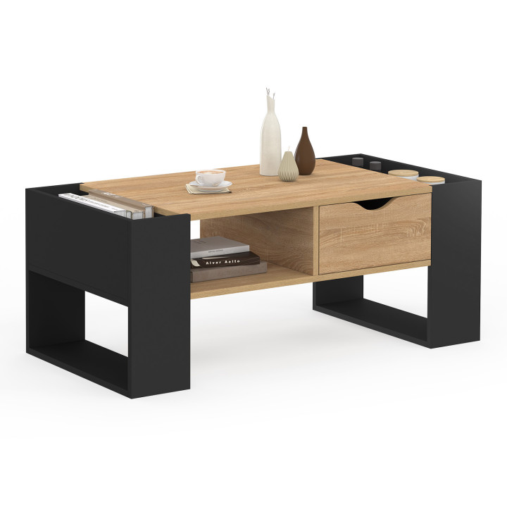Tavolino rettangolare con cassetto in legno nero e faggio - BERYL | IdMarket