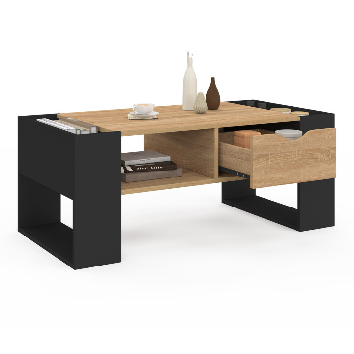 Tavolino rettangolare con cassetto in legno nero e faggio - BERYL | IdMarket