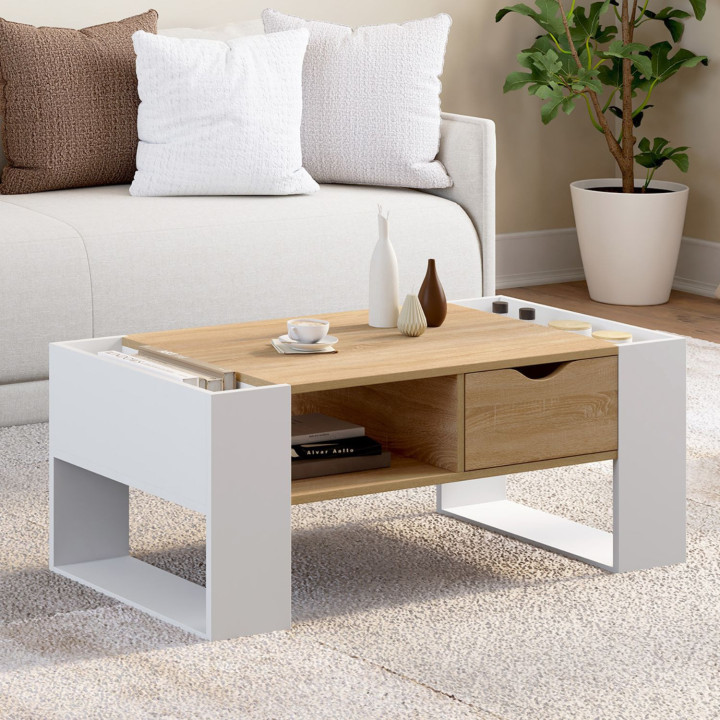Tavolino rettangolare con cassetto in legno bianco e faggio - BERYL | IdMarket