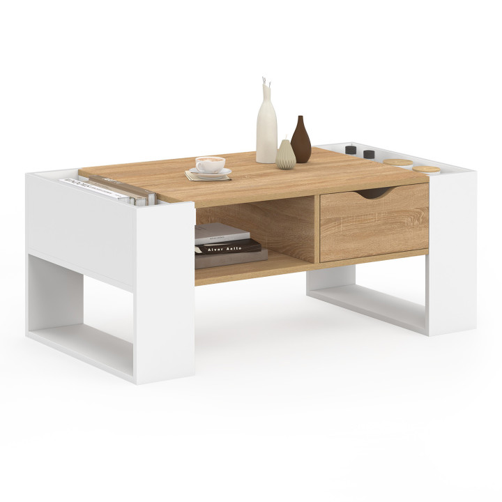 Tavolino rettangolare con cassetto in legno bianco e faggio - BERYL | IdMarket