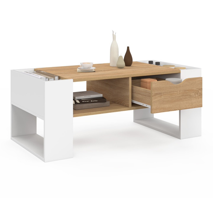 Tavolino rettangolare con cassetto in legno bianco e faggio - BERYL | IdMarket