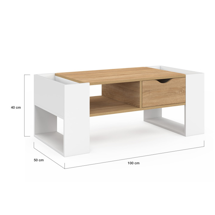 Tavolino rettangolare con cassetto in legno bianco e faggio - BERYL | IdMarket