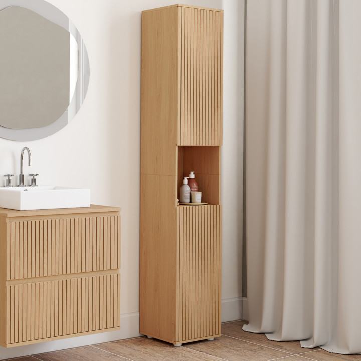 Mobiletto bagno a 2 ante 1 nicchia effetto doghe - VICTOR | IdMarket