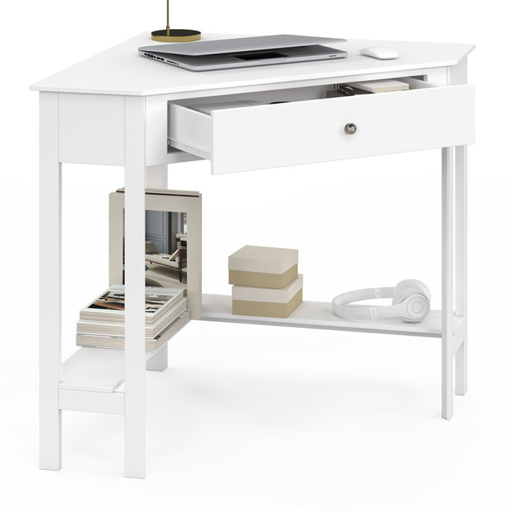 Scrivania angolare bianca salvaspazio per computer con contenitore e 1 cassetto - REMI | IdMarket