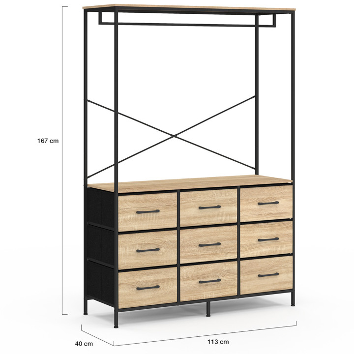 Armadio spogliatoio L. 115 cm con 9 contenitori in legno e tessuto nero - UTAH | IdMarket