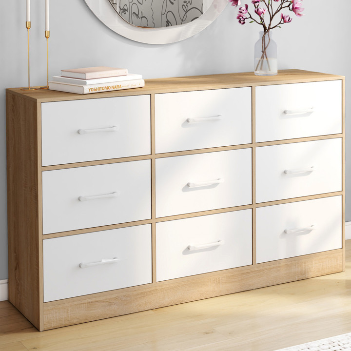 Cassettiera in tessuto a 9 cassetti 113 cm in faggio e bianco - UPPAH | IdMarket