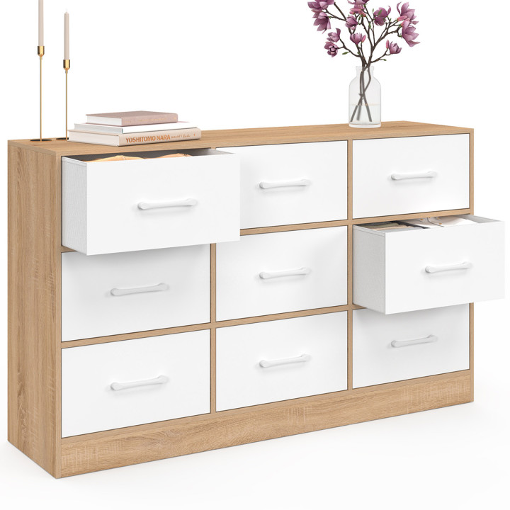 Cassettiera in tessuto a 9 cassetti 113 cm in faggio e bianco - UPPAH | IdMarket