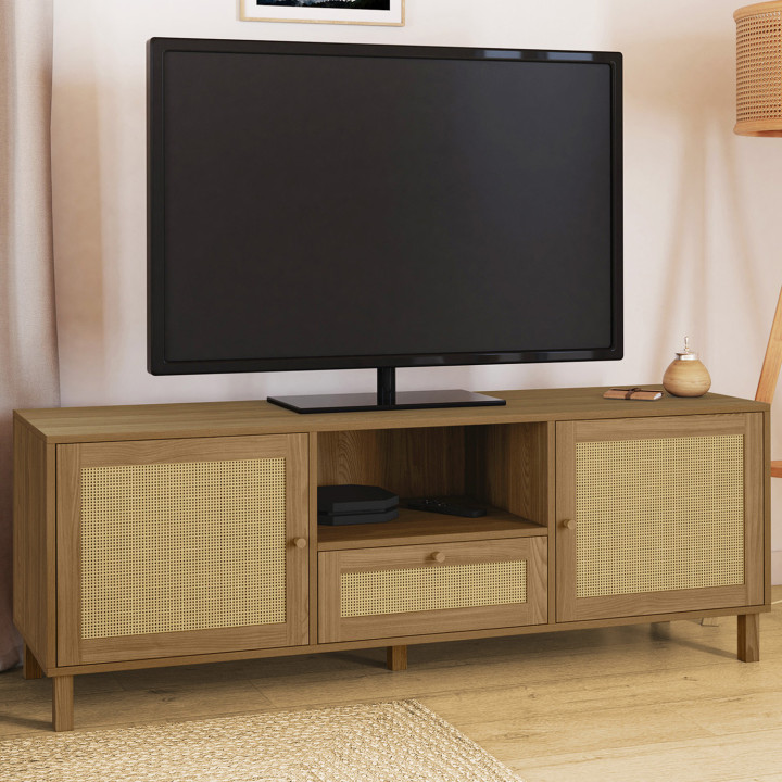 Porta TV vintage a 3 ante da 140 cm con effetto canna naturale - HANAE | IdMarket