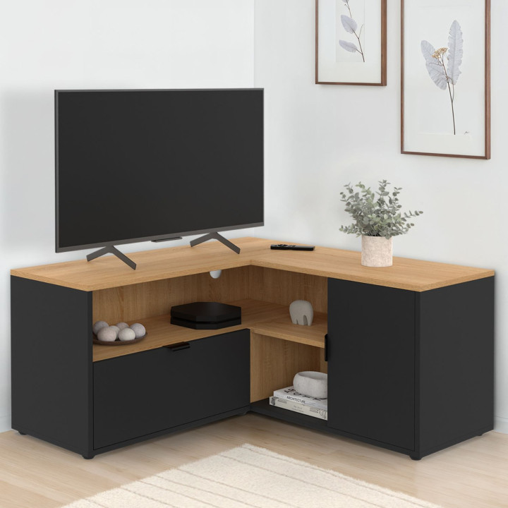 Porta TV angolare 90 x 90 cm in faggio e nero - BALTAZAR | IdMarket