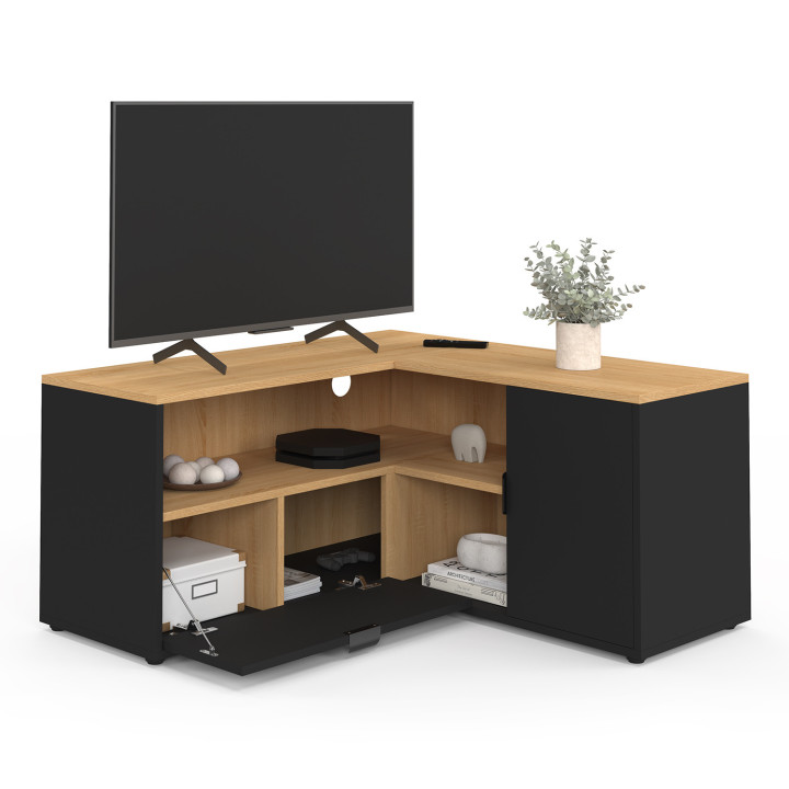 Porta TV angolare 90 x 90 cm in faggio e nero - BALTAZAR | IdMarket