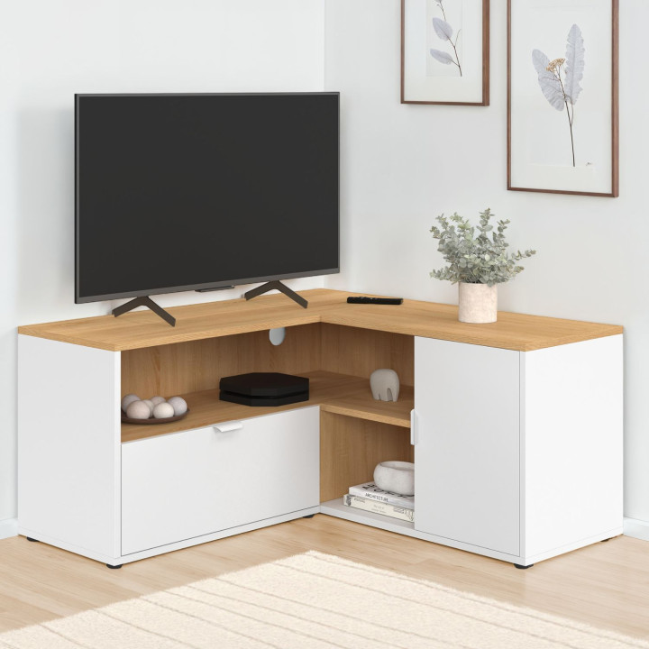 Porta TV angolare 90 x 90 cm in faggio e bianco - BALTAZAR | IdMarket