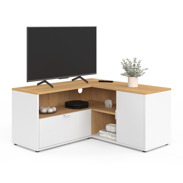 Porta TV angolare 90 x 90 cm in faggio e bianco - BALTAZAR | IdMarket