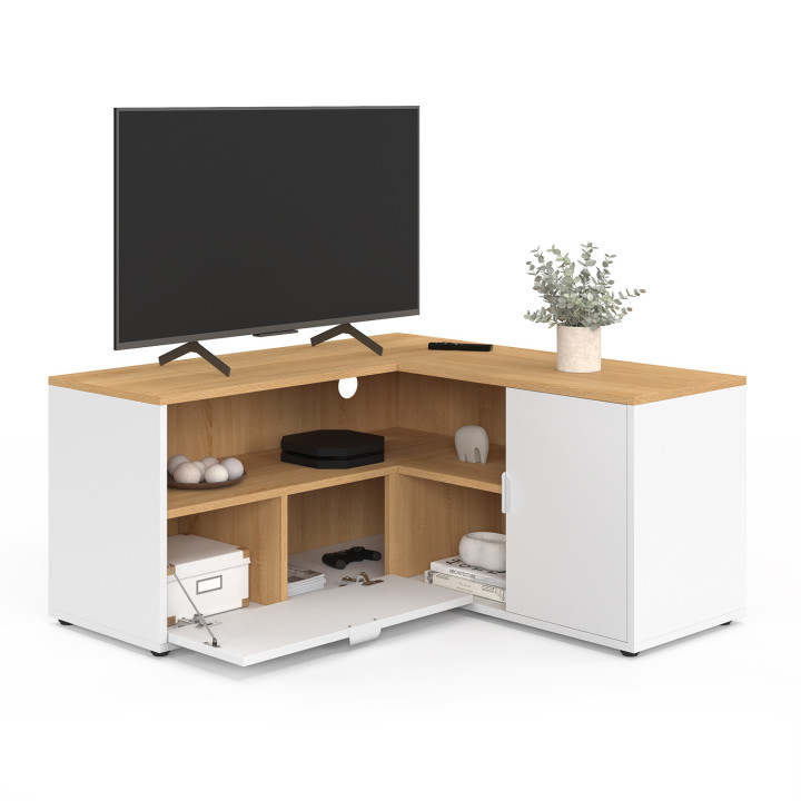 Porta TV angolare 90 x 90 cm in faggio e bianco - BALTAZAR | IdMarket