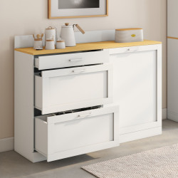 Credenza bassa 120 cm piano di lavoro casserolier H.83 cm 1 anta + 3 cassetti bianchi e piano in faggio - VITO | IdMar