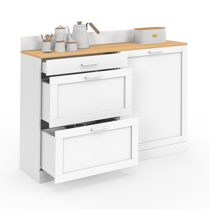 Credenza bassa 120 cm piano di lavoro casserolier H.83 cm 1 anta + 3 cassetti bianchi e piano in faggio - VITO | IdMar