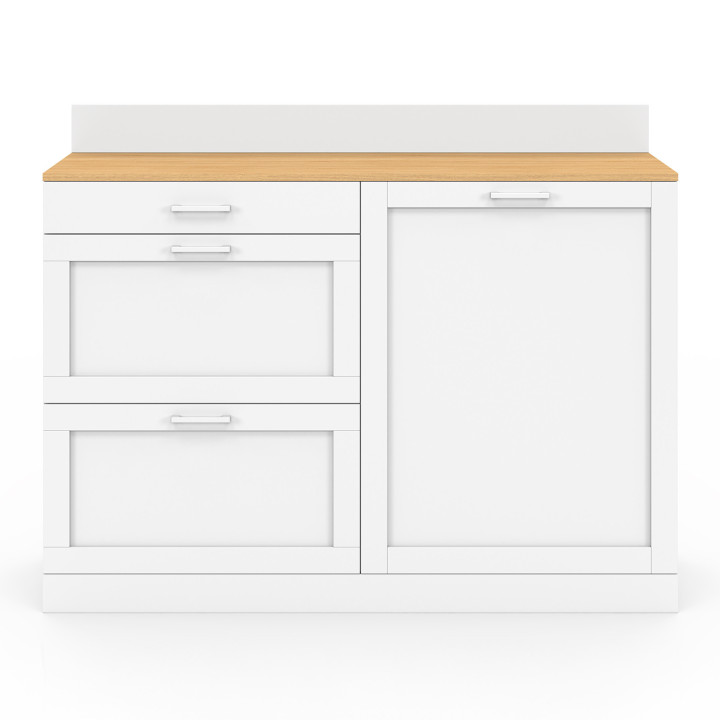 Credenza bassa 120 cm piano di lavoro casserolier H.83 cm 1 anta + 3 cassetti bianchi e piano in faggio - VITO | IdMar