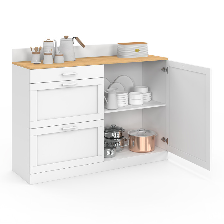 Credenza bassa 120 cm piano di lavoro casserolier H.83 cm 1 anta + 3 cassetti bianchi e piano in faggio - VITO | IdMar