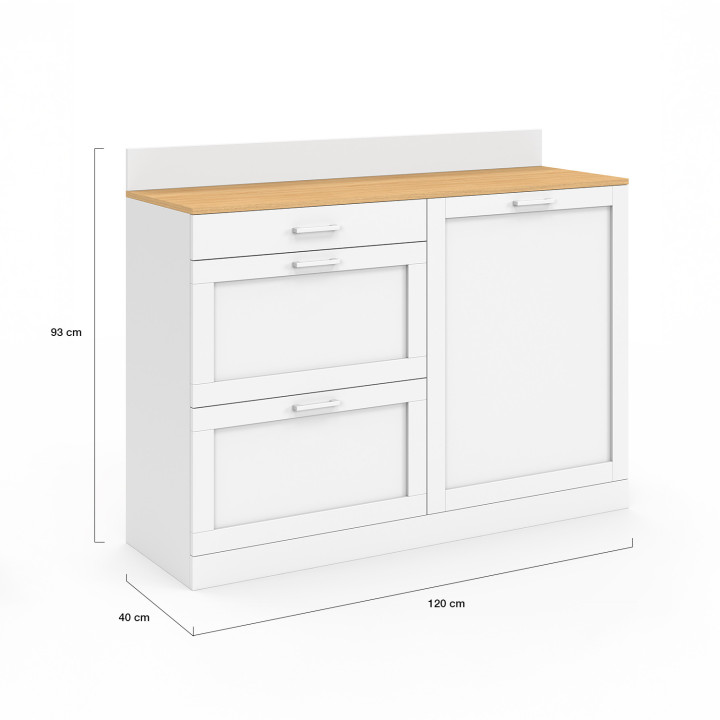 Credenza bassa 120 cm piano di lavoro casserolier H.83 cm 1 anta + 3 cassetti bianchi e piano in faggio - VITO | IdMar