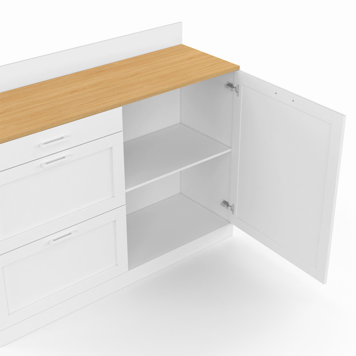 Credenza bassa 120 cm piano di lavoro casserolier H.83 cm 1 anta + 3 cassetti bianchi e piano in faggio - VITO | IdMar