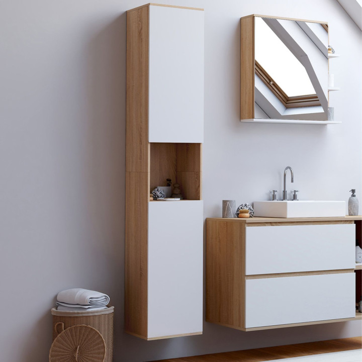 Pensile da bagno a 2 ante e 1 nicchia in bianco e faggio - TOMI | IdMarket