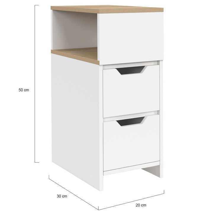 Comodino stretto a 2 cassetti in legno e bianco con nicchia laterale - ANOUK | Zen Cart! IDMarket
