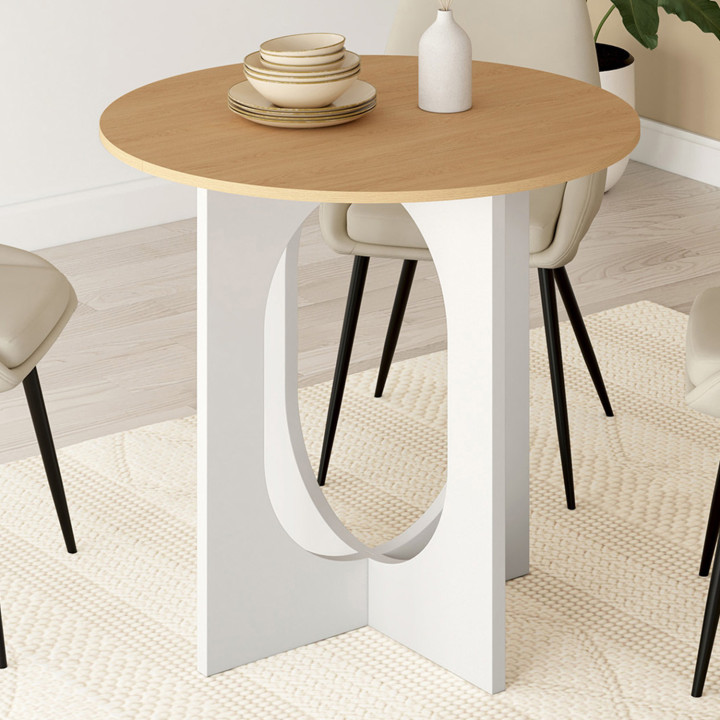 Tavolo da pranzo fisso rotondo per 4 persone, bianco e legno gamba ad arco 80 cm - ALOISE | IdMarket