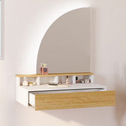 Mobiletto sospeso con specchio LED, 4 nicchie, 1 cassetto, legno e bianco - ZELIA | IdMarket