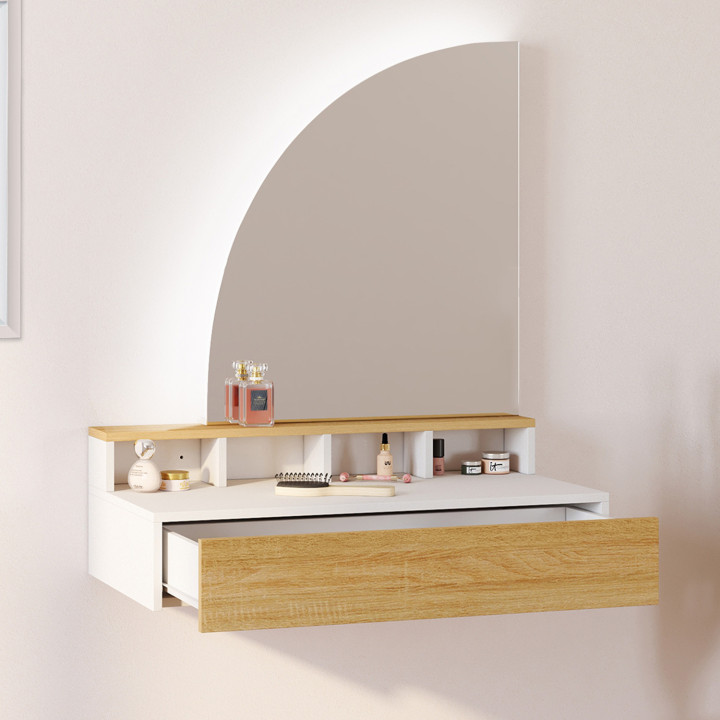 Mobiletto sospeso con specchio LED, 4 nicchie, 1 cassetto, legno e bianco - ZELIA | IdMarket
