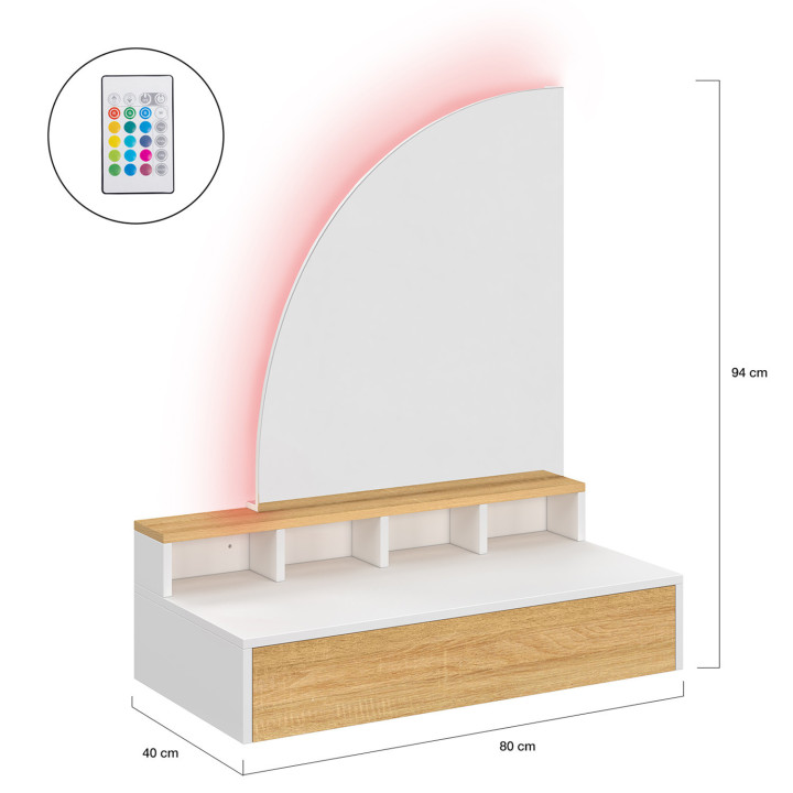 Mobiletto sospeso con specchio LED, 4 nicchie, 1 cassetto, legno e bianco - ZELIA | IdMarket