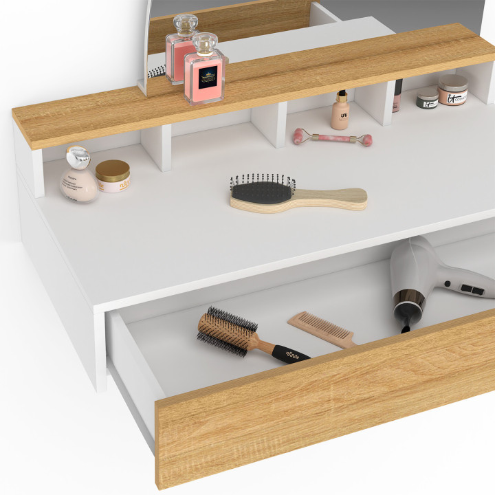 Mobiletto sospeso con specchio LED, 4 nicchie, 1 cassetto, legno e bianco - ZELIA | IdMarket