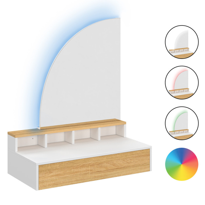 Mobiletto sospeso con specchio LED, 4 nicchie, 1 cassetto, legno e bianco - ZELIA | IdMarket