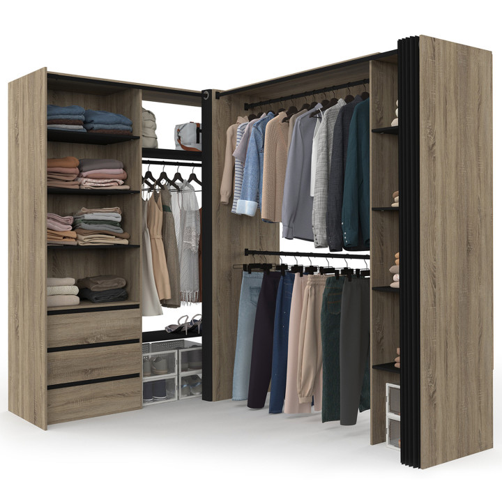 Armadio angolare allungabile 200 x 150 x 180 cm in faggio con armadi + cassetti + ripiani + tende nere - MARLON | IdMarket