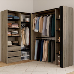 Armadio angolare allungabile 200 x 150 x 180 cm in faggio con armadi + cassetti + ripiani + tende nere - MARLON | IdMarket