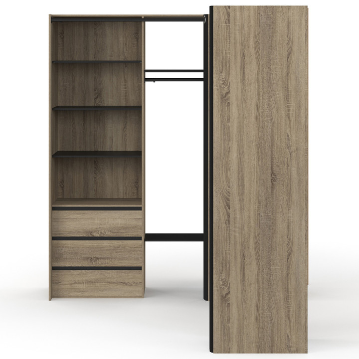 Armadio angolare allungabile 200 x 150 x 180 cm in faggio con armadi + cassetti + ripiani + tende nere - MARLON | IdMarket