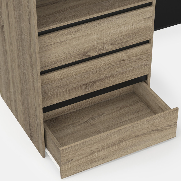 Armadio angolare allungabile 200 x 150 x 180 cm in faggio con armadi + cassetti + ripiani + tende nere - MARLON | IdMarket