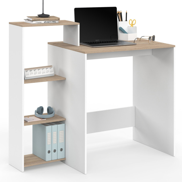 Scrivania con ripiani laterali modulari in faggio e bianco - LILIAN | IdMarket