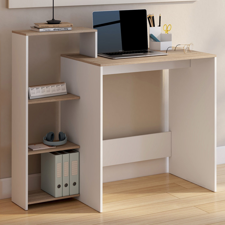 Scrivania con ripiani laterali modulari in faggio e bianco - LILIAN | IdMarket