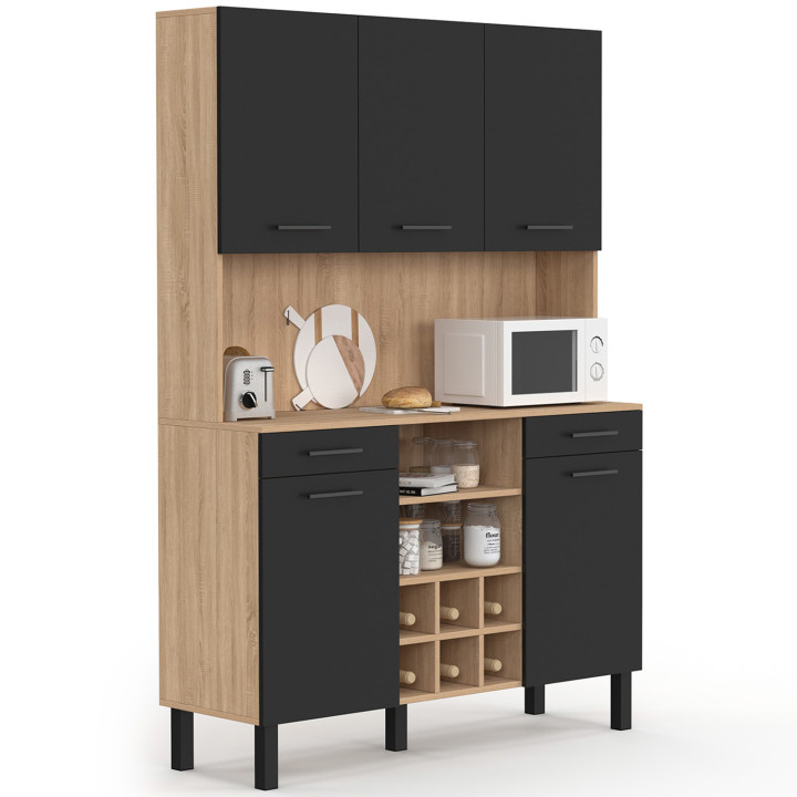 Credenza da cucina con 5 ante, cassetti e portabottiglie, faggio e nero - CINA | Zen Cart! IDMarket